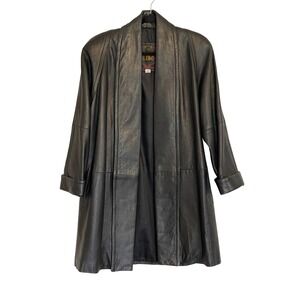 LNR Vintage Black Genuine Leather Duster Coat Shawl Collar Open Front Womens M
